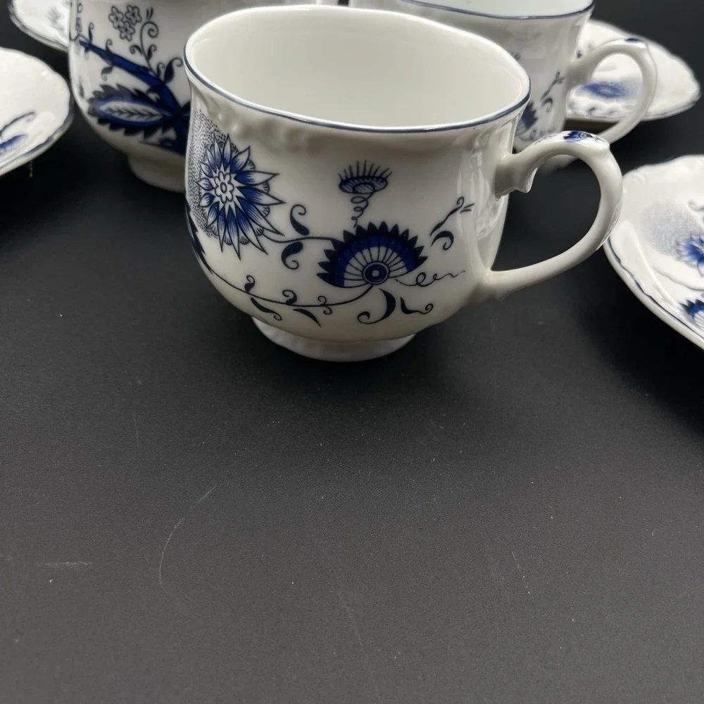House of Prill Blue Onion Porcelain Japan 3 Cups 4 Saucers Set Vintage